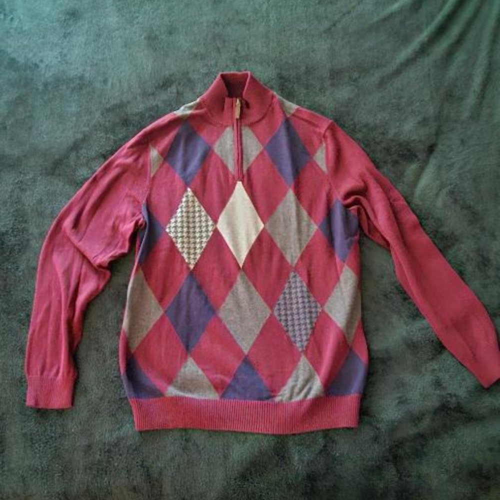 CLUB ROOM Men's - Pima Cotton 1/4 Zip Sweater. Burgundy Argyle. Medium  NWT